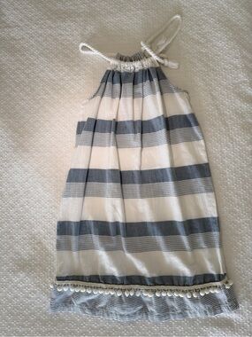 Girls Navy and White Striped Halter Sundress with Pom Trim